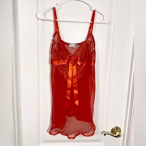 Y2K Seductive Wear Sheer Babydoll Chemise Lace and Ribbon Trim Vintage Red Med